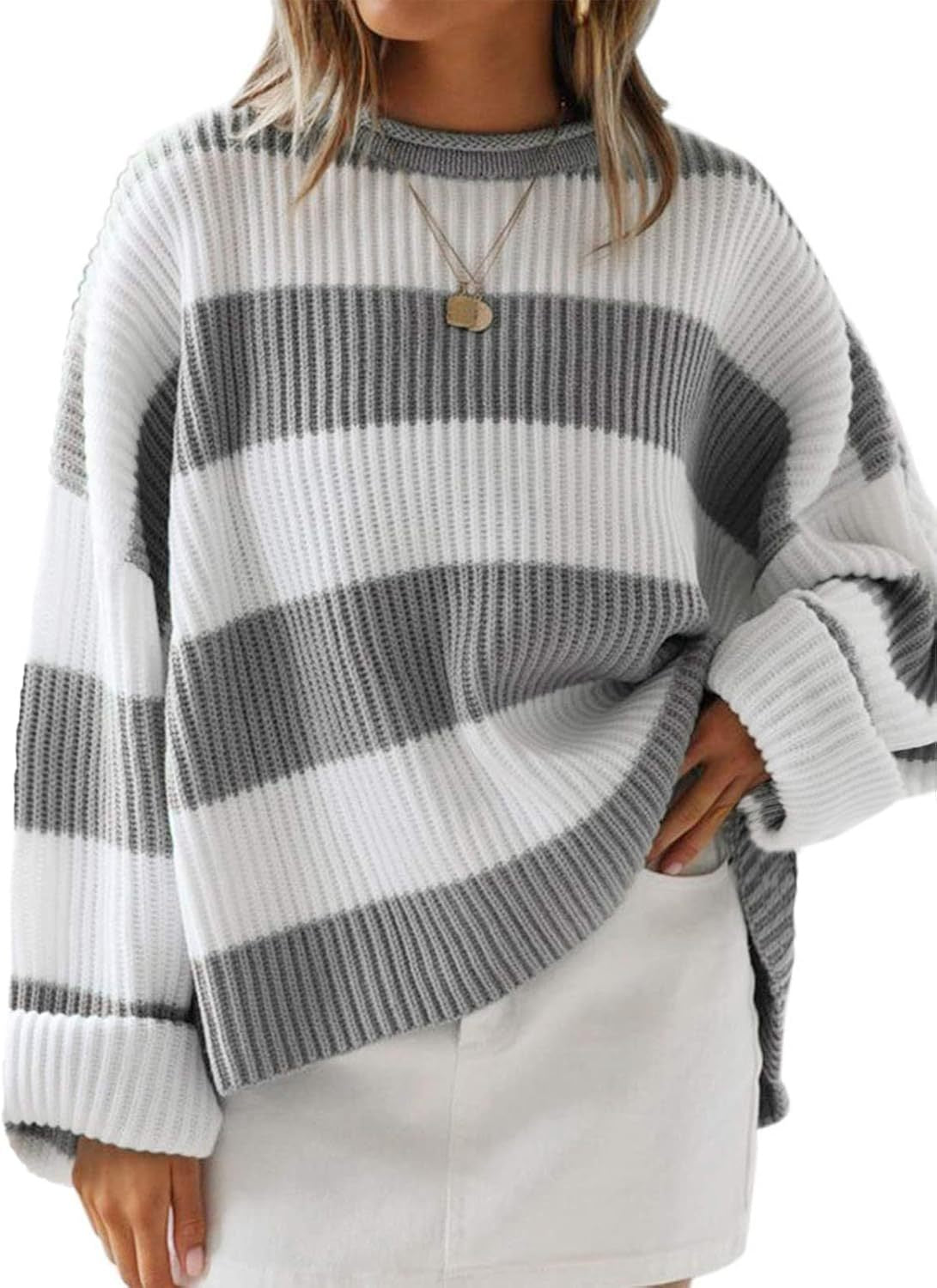 Women's Long Sleeve Striped Clothes Flared Sleeves Sweaters