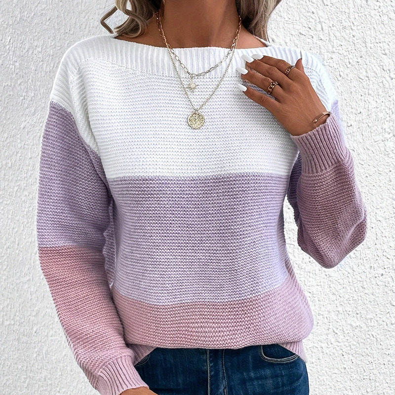 Women's Knitted Color Contrast Patchwork Round Neck Sweaters