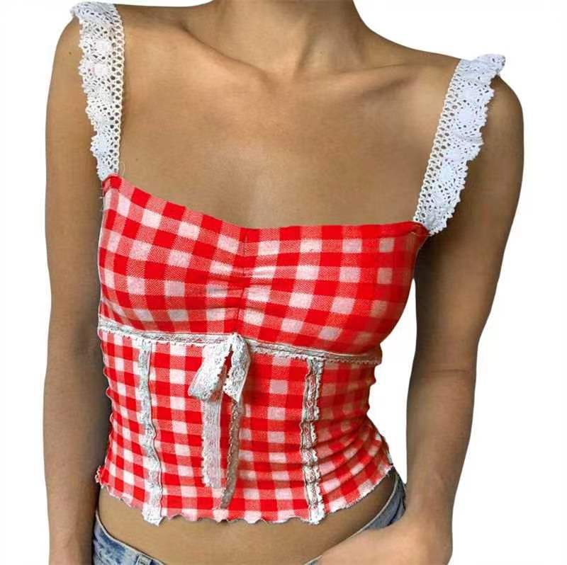 Charming Stitching Lace Small Sling Plaid Tops