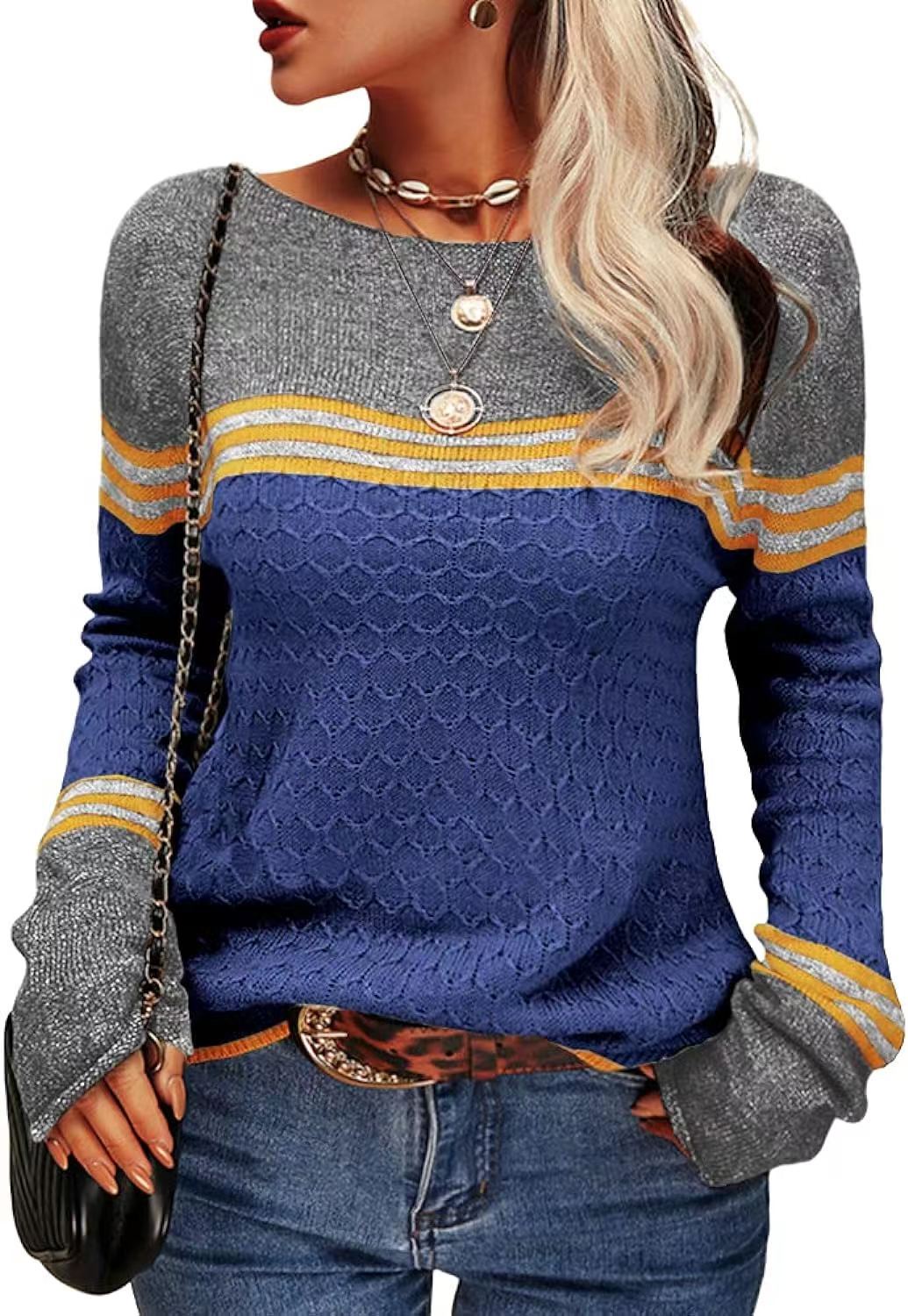 Women's Crocheted Long-sleeved Striped Crew Neck Knitted Sweaters