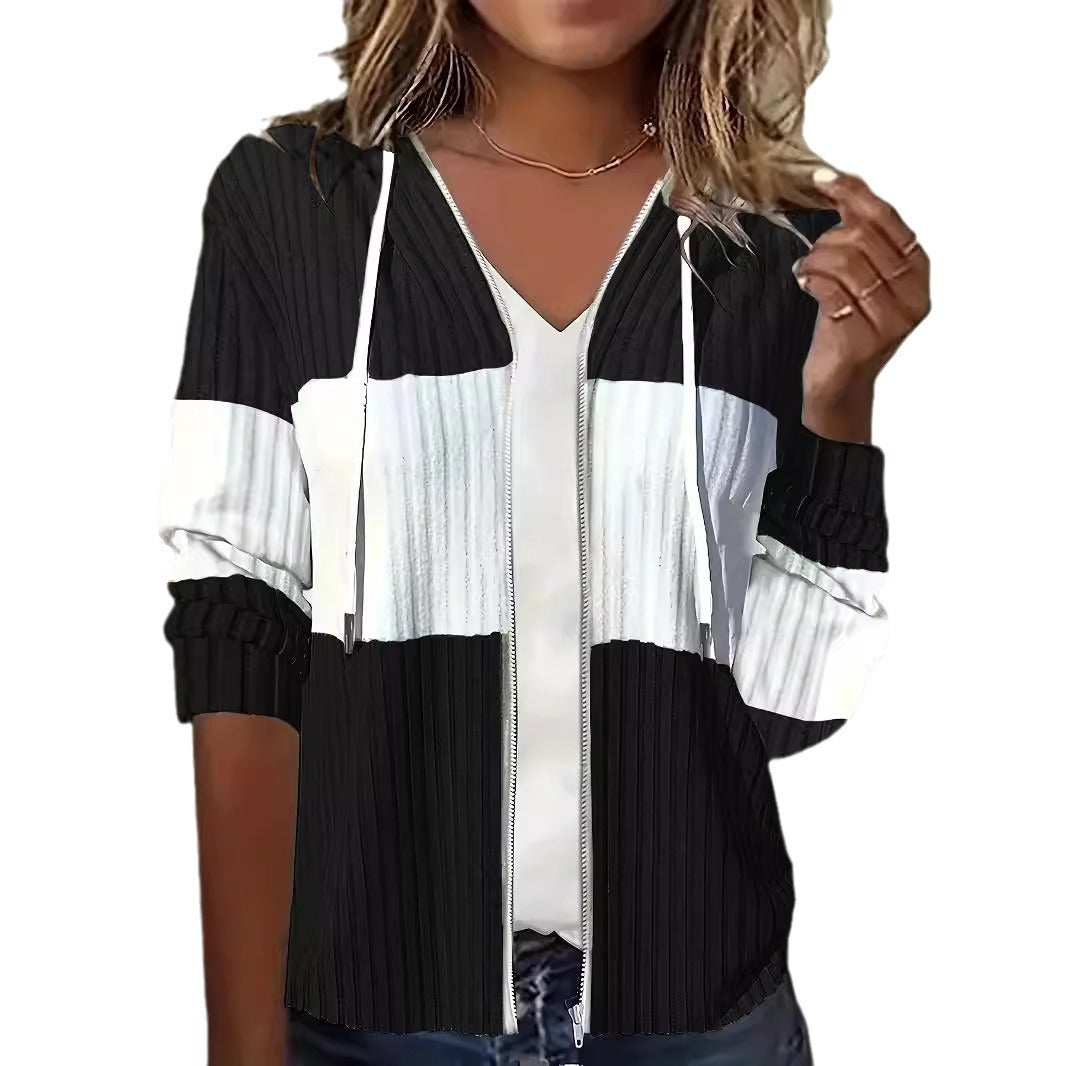 Women's Fashion Sunken Stripe Contrast Color Hooded Leisure Coats