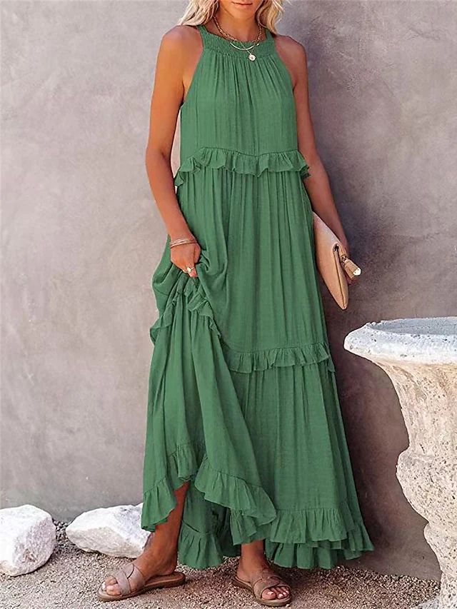 Women's Summer Vacation Style Ruffled Long Dress Wide Hem Dresses