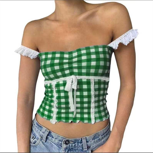 Charming Stitching Lace Small Sling Plaid Tops