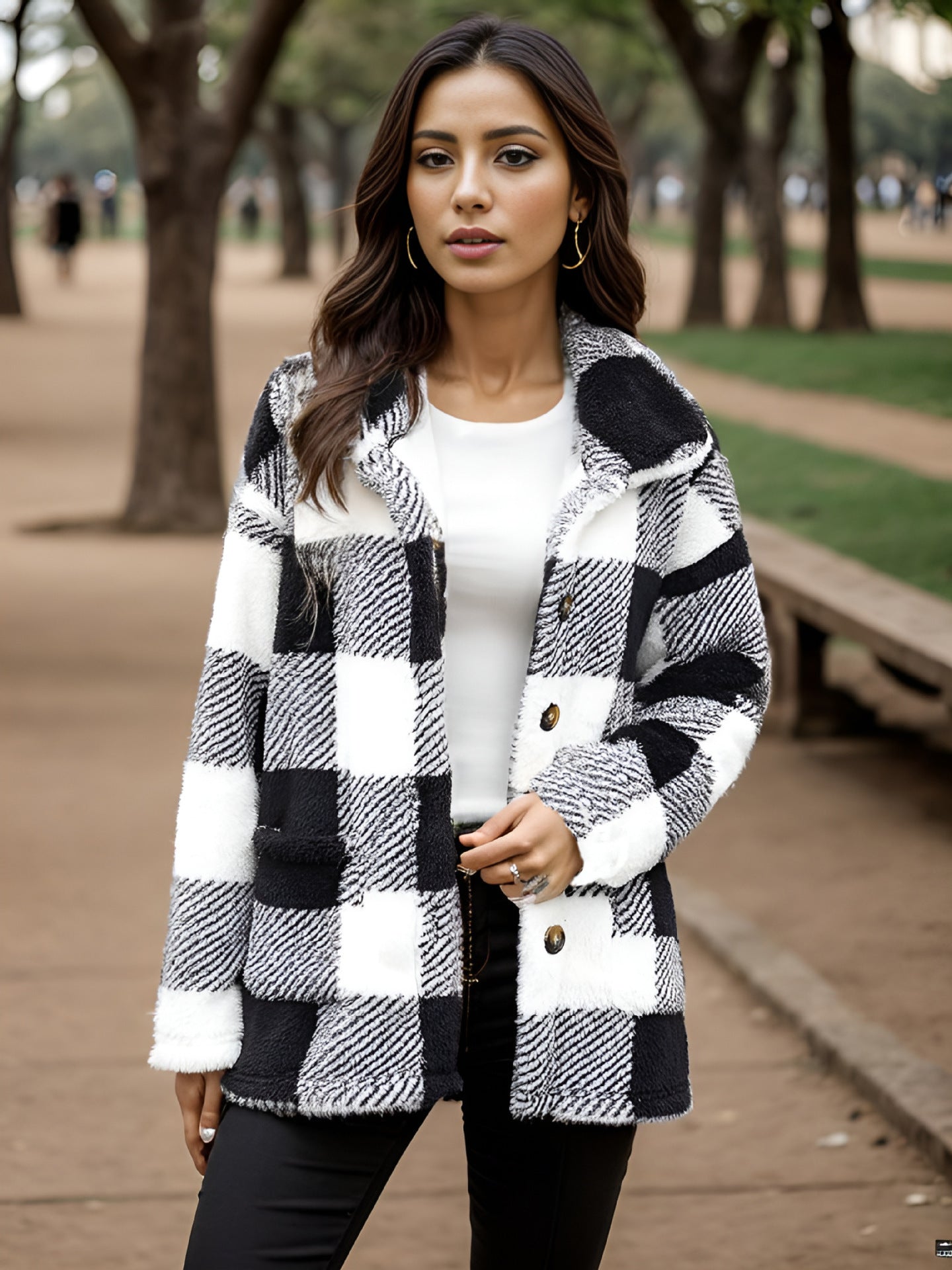 Women's Plush Long Sleeve Plaid Button Strip Coats