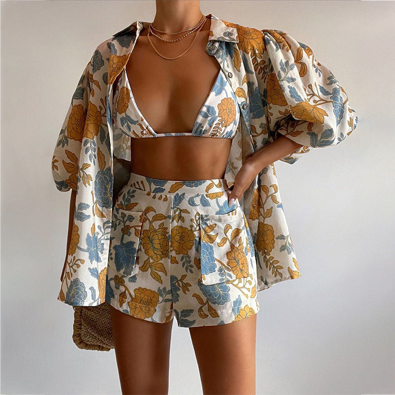 Women's Spring Fashion Printed Shirt Camisole Three-piece Suits