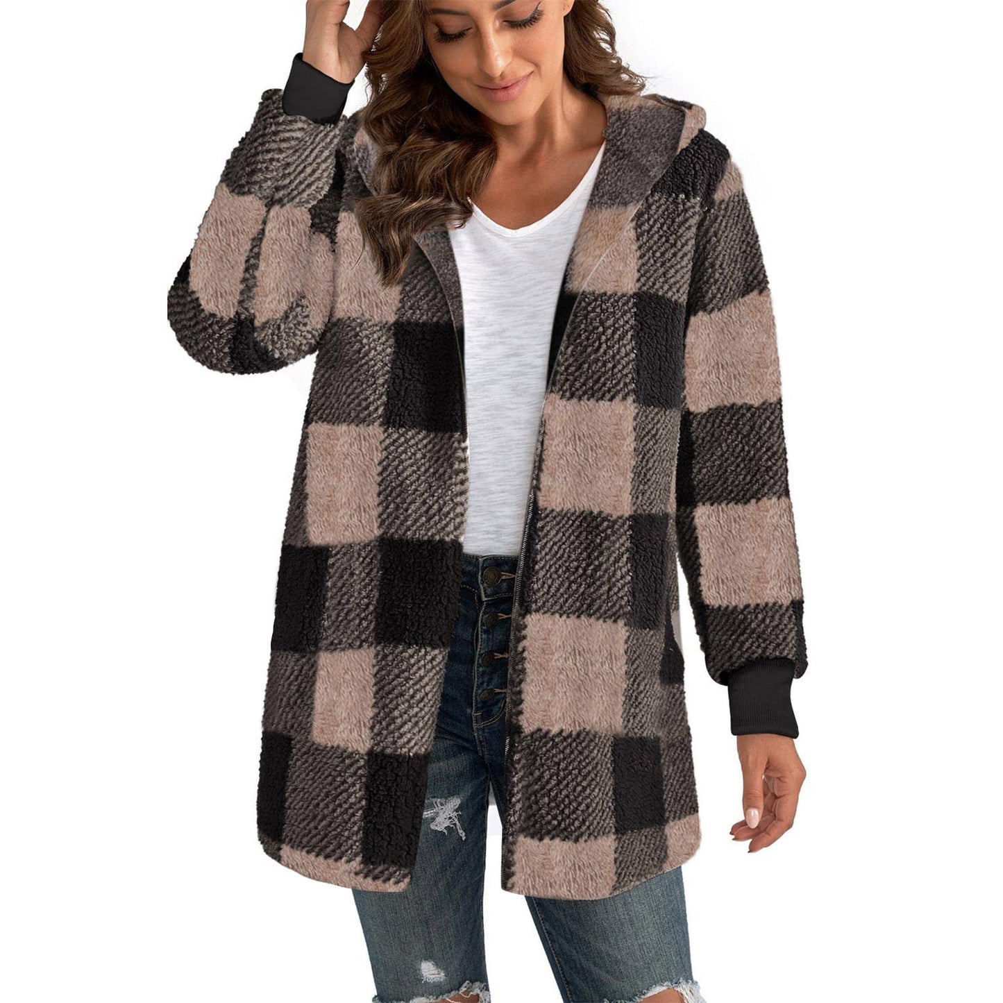 Women's Popular Loose Plaid Fur Fashion Coats