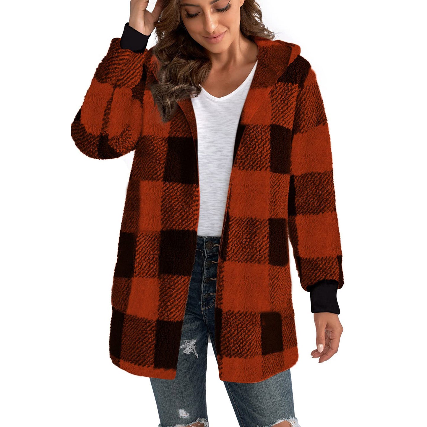 Women's Popular Loose Plaid Fur Fashion Coats