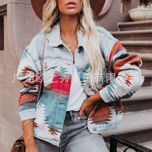 Women's Long Sleeve Lapel Loose Denim Patchwork Coats