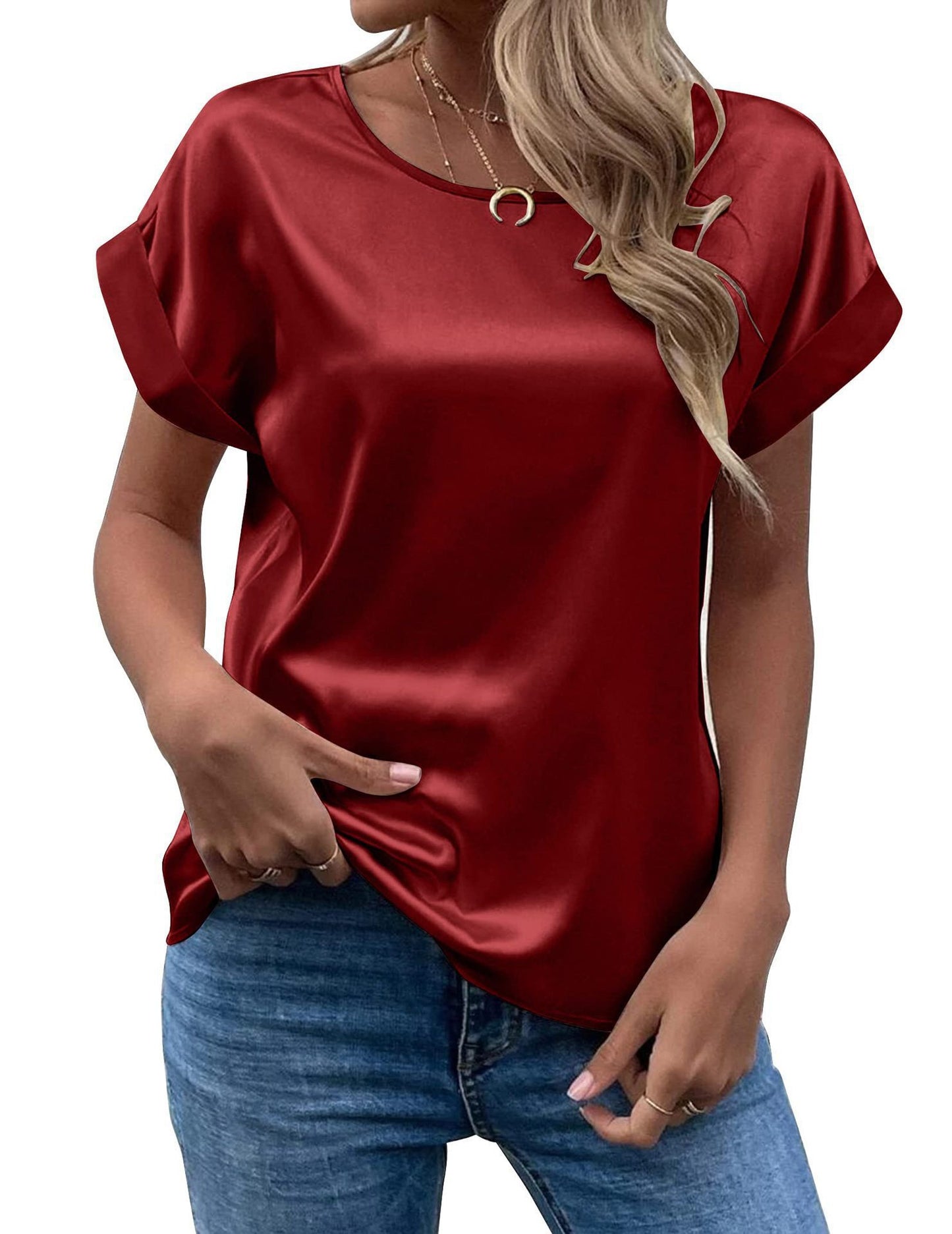 Women's Short-sleeved Satin Shirt Loose-fitting Casual T-shirt Blouses