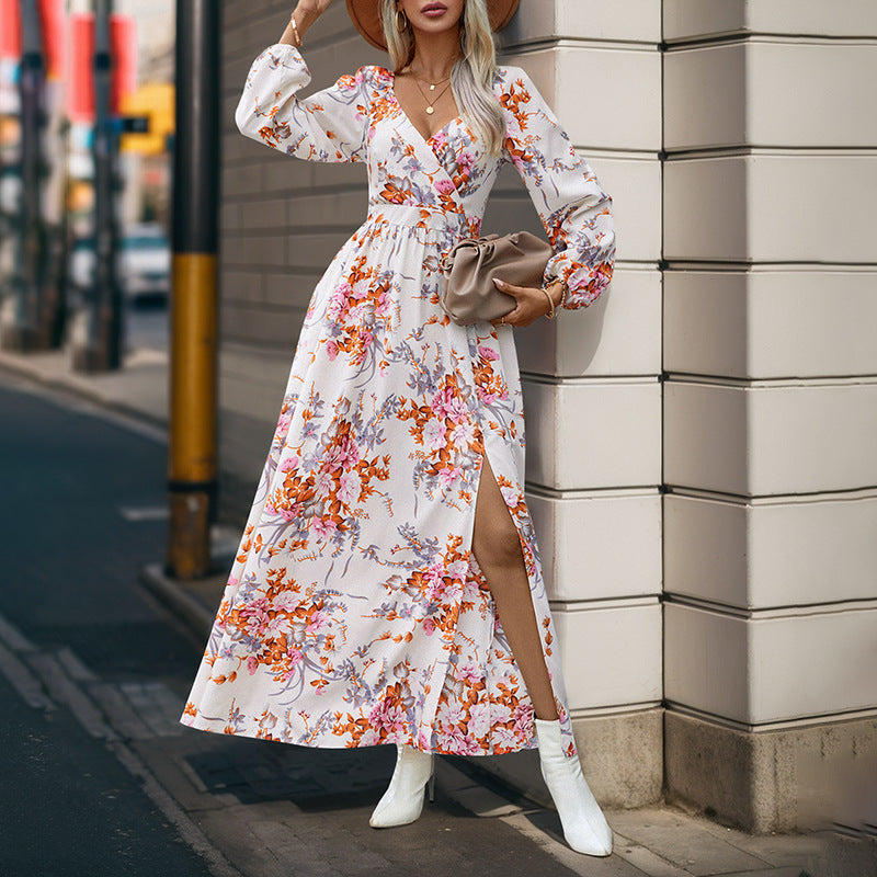 Robe imprimée à manches longues pour femme, vêtement d'automne