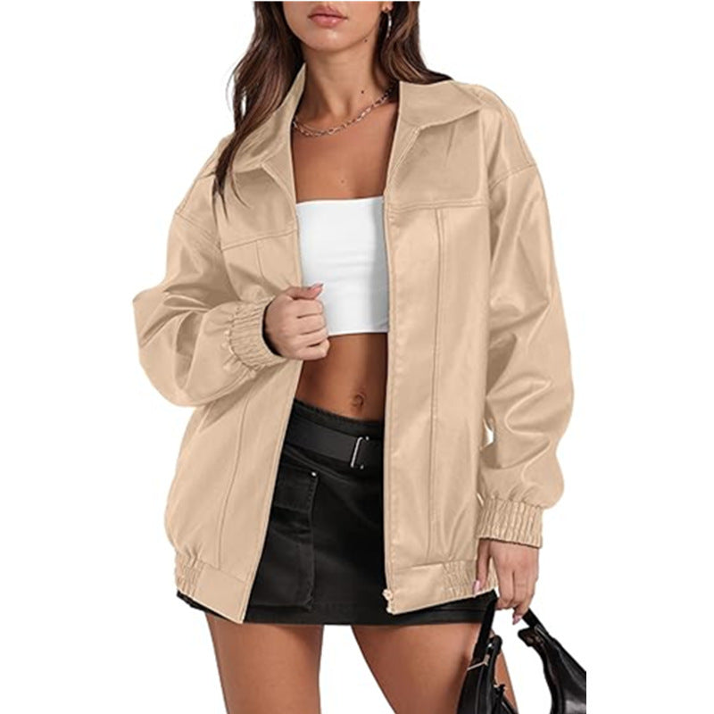 Women's Leather Long Sleeve Lapel Zipper Side Jackets