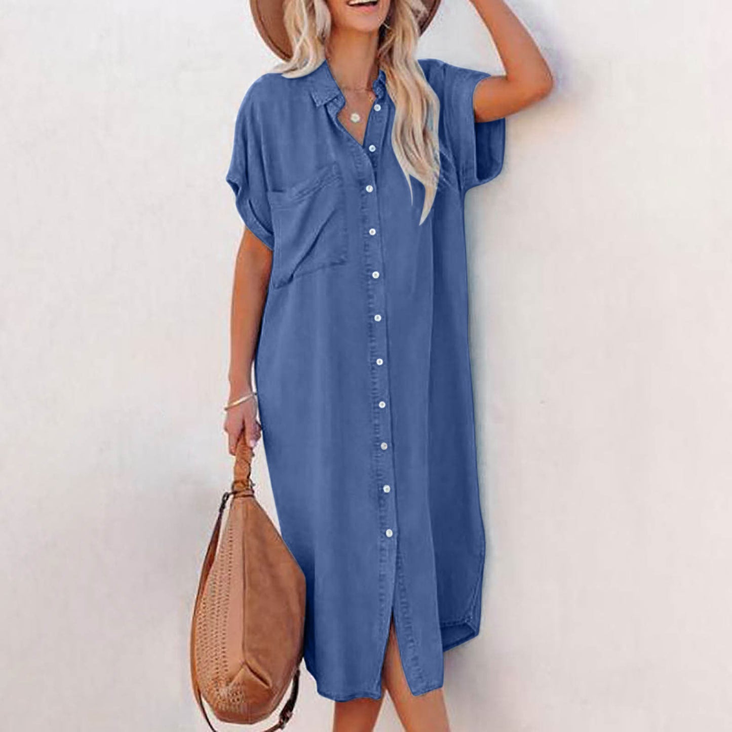 Fashion Solid Color Denim Sleeve Long Dresses