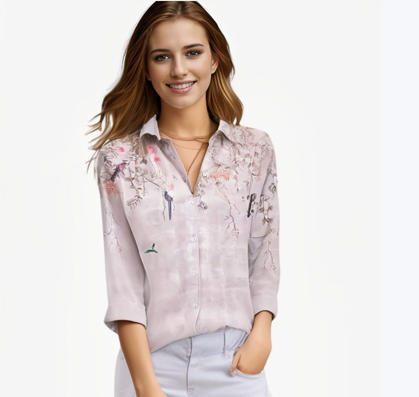 Women's Lapel Long-sleeved Single-breasted Temperament Printed Shirt Blouses