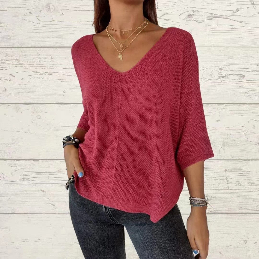 Women's Color Loose Three-quarter Sleeve Batwing Shirt Knitwear