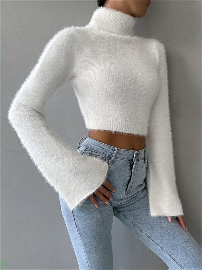 Classic High Neck Exposed Navel Plush Sweaters