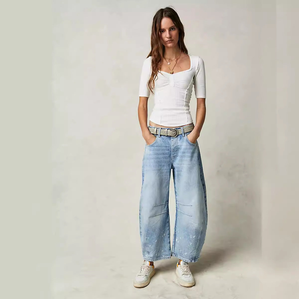 Women's Fashion Casual Loose Waist Washed Denim Jeans