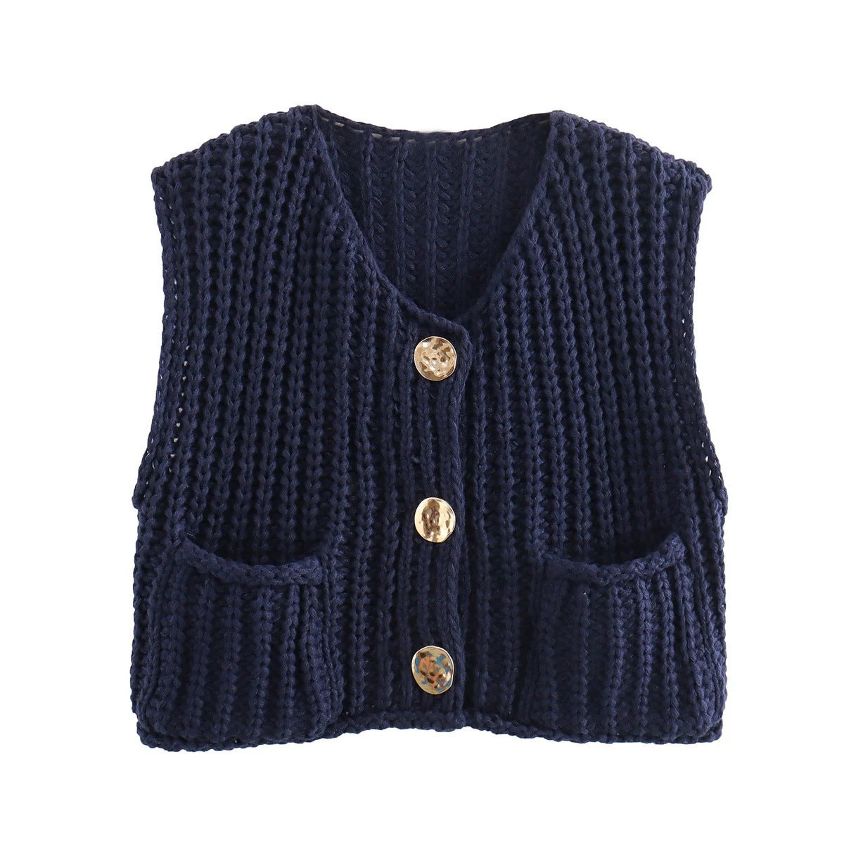 Women's Solid Color Large Pocket Sleeveless Knitted Knitwear