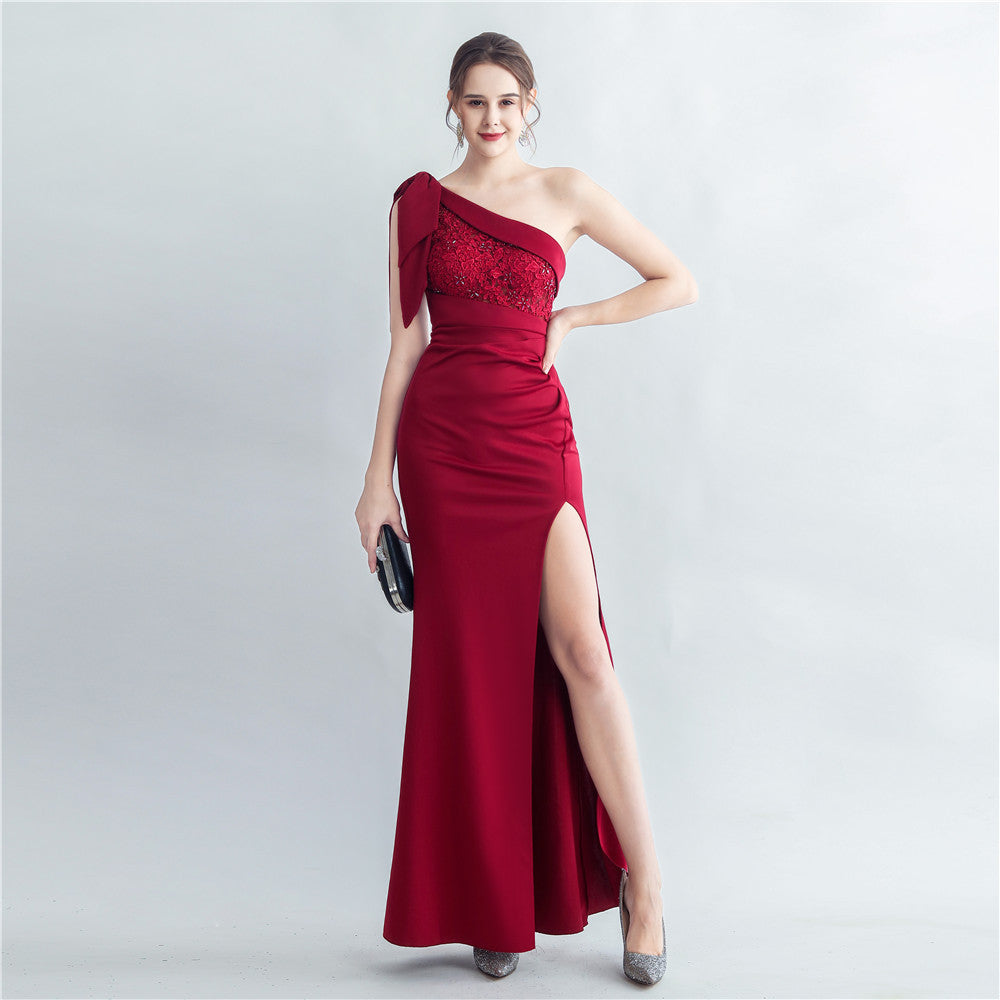 Beaded Oblique Shoulder Roman Collar Side Evening Dresses