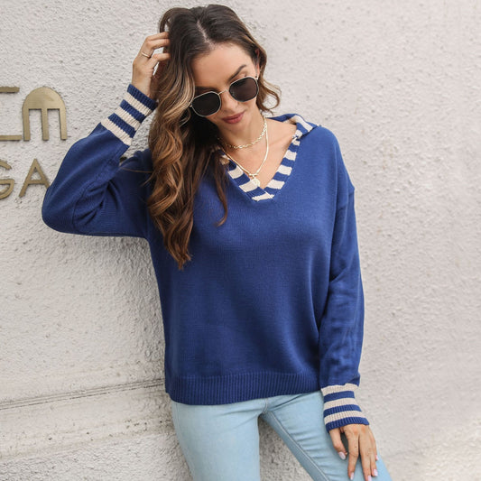 Women's Pretty Striped Lapel Loose Long-sleeved Sweaters