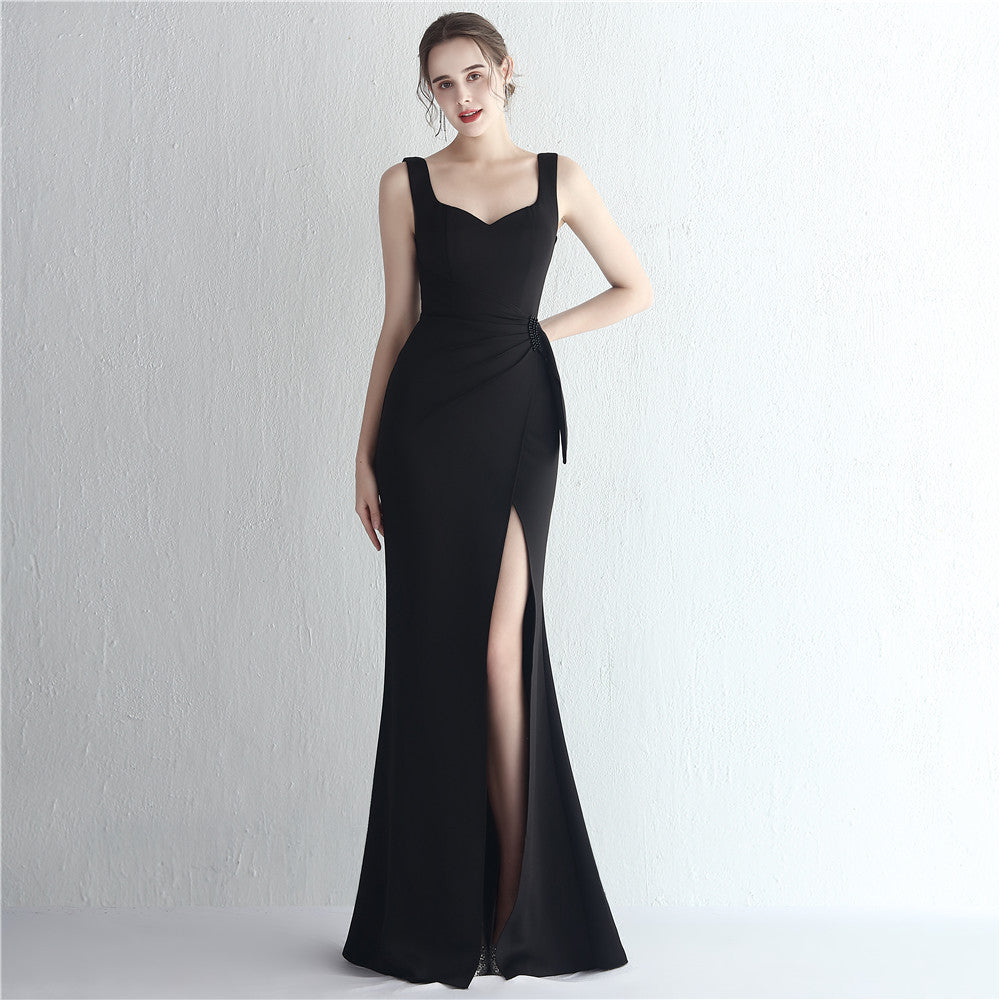 Satin Beaded Long Slit Dinner Fishtail Car Evening Dresses