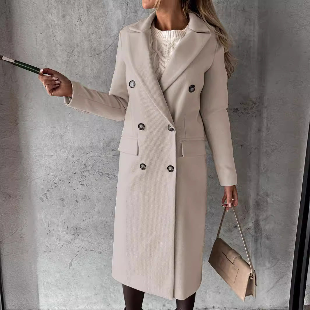 Women's Woolen Solid Color Long Sleeve Double Coats