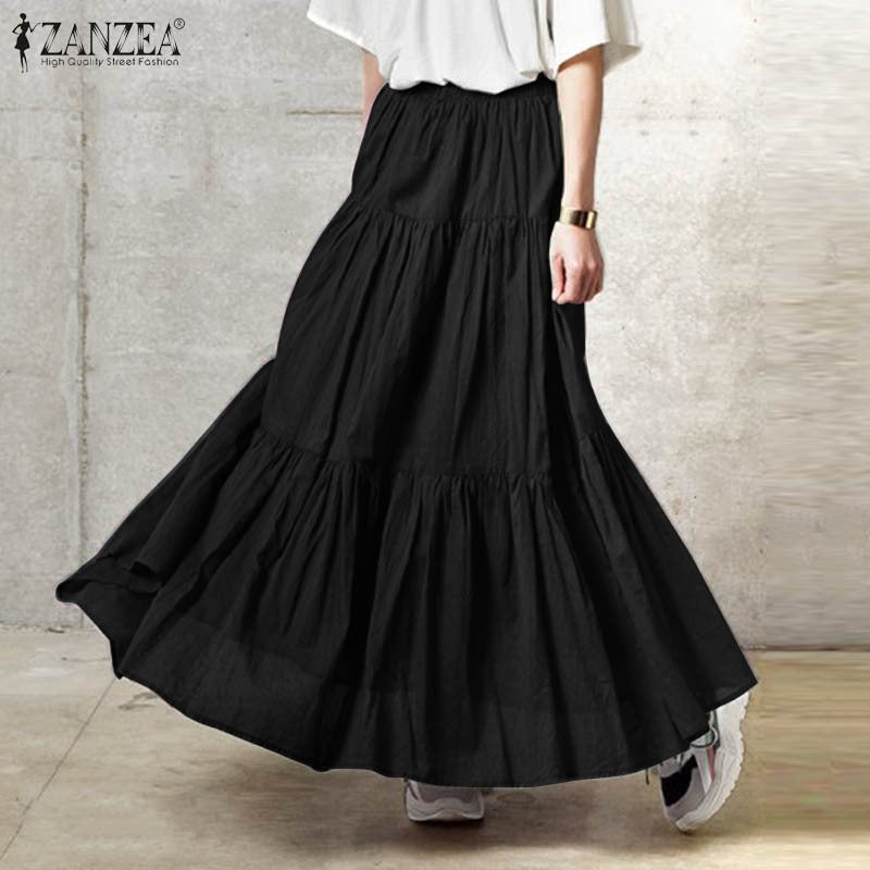 Linen Solid Color Pleated Loose Long Skirts