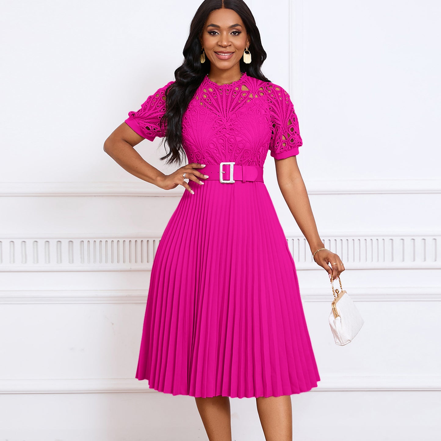 Women's Short-sleeved Lace Stitching Pleated African Dress Skirts