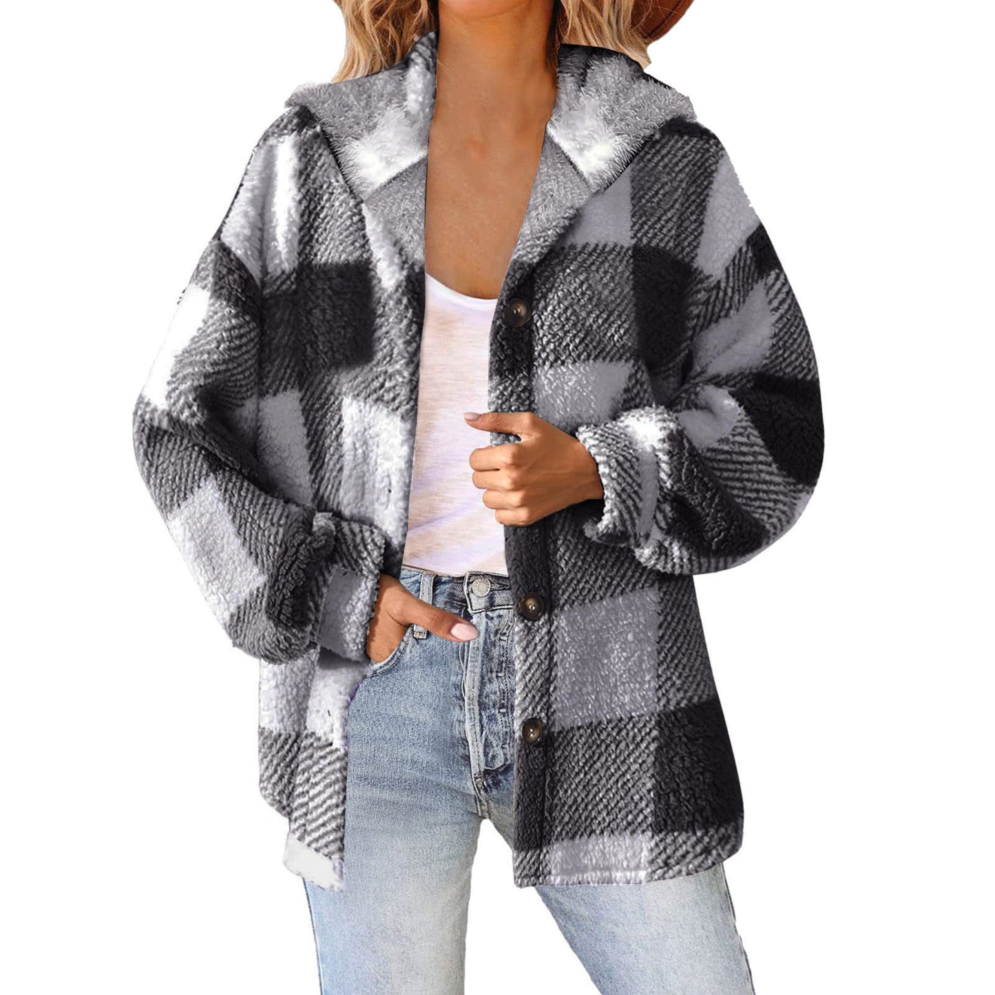 Women's Printed Plaid Hooded Button Plush Warm Coats