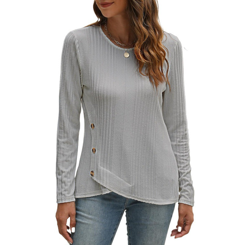 Women's Sunken Stripe Brushed Button Long-sleeved T-shirt Tops