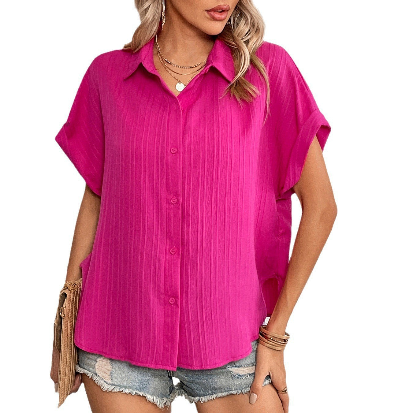 Women's Summer Casual Loose Button Shirt Solid Blouses