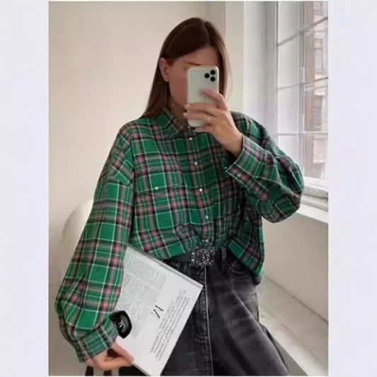 Women's Retro Style Lapel Loose Shirt Plaid Long Blouses