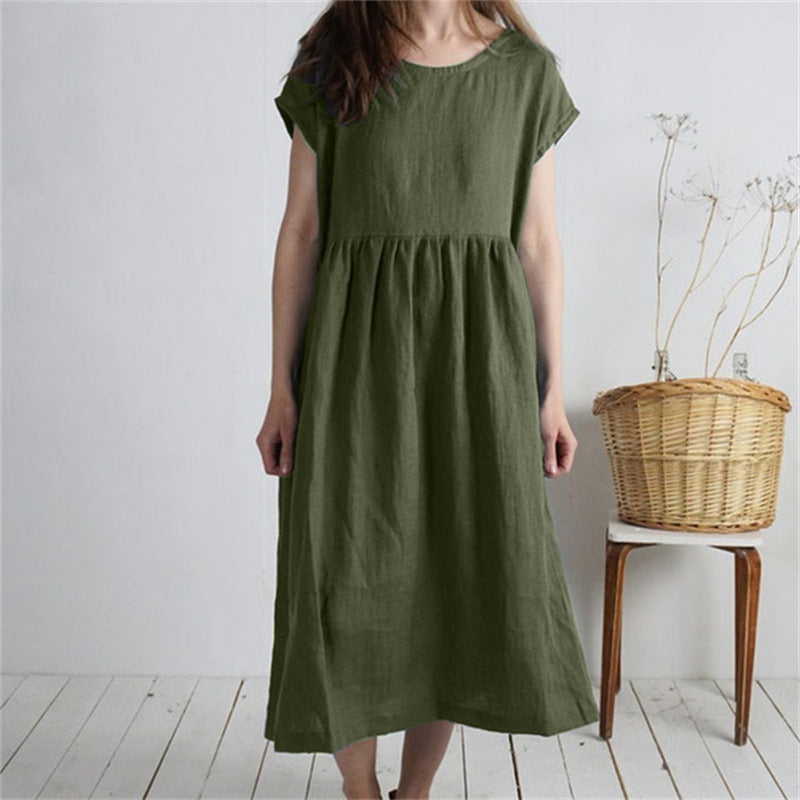 Women's Dress Round Neck Sleeve Solid Color Pleated Dresses