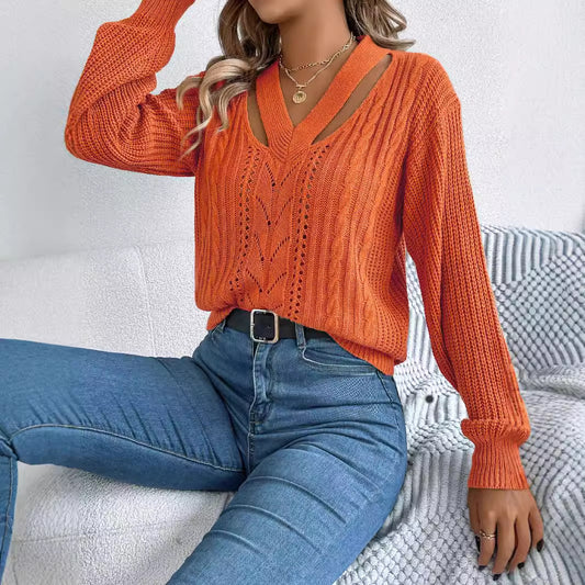 Women's Casual Hollow Out Twist Lantern Sleeve Sweaters