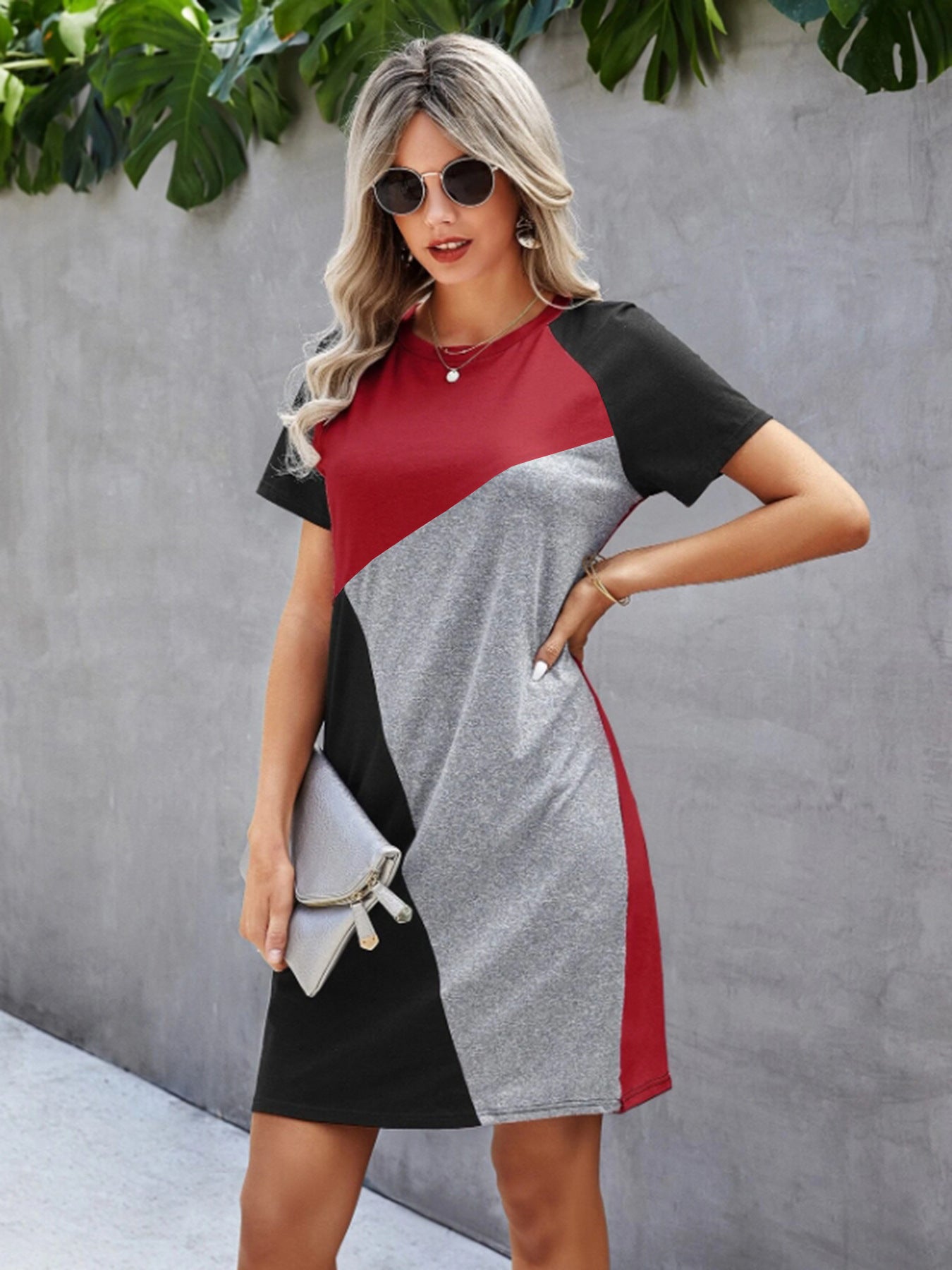 Women's Contrast Stitching Irregular Sleeve Dress Summer Skirts