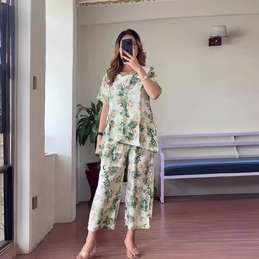 Ensemble pantalon fendu à manches courtes et imprimé floral d'été