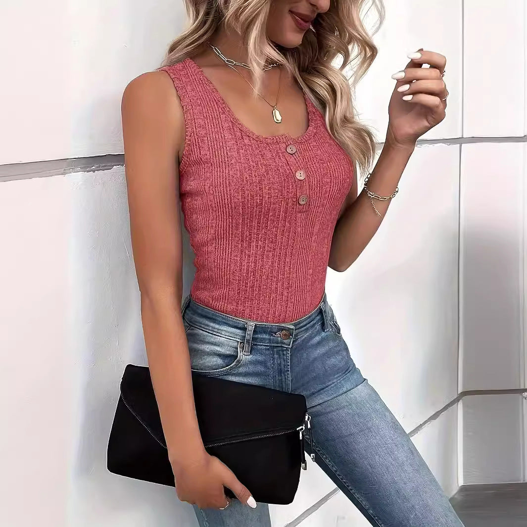 Women's Solid Color Buttons Fashion Camisole T-shirt Tops