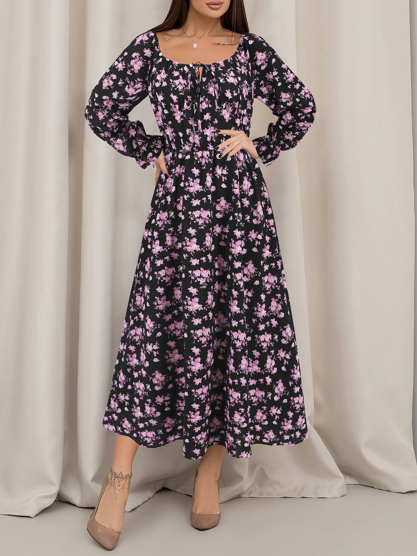 Robe élégante et gracieuse à manches lanternes, design tendance, robes carrées