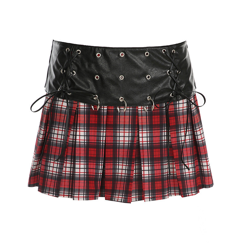 Personalized Hot Leather Stitching Plaid Pleated Skirts