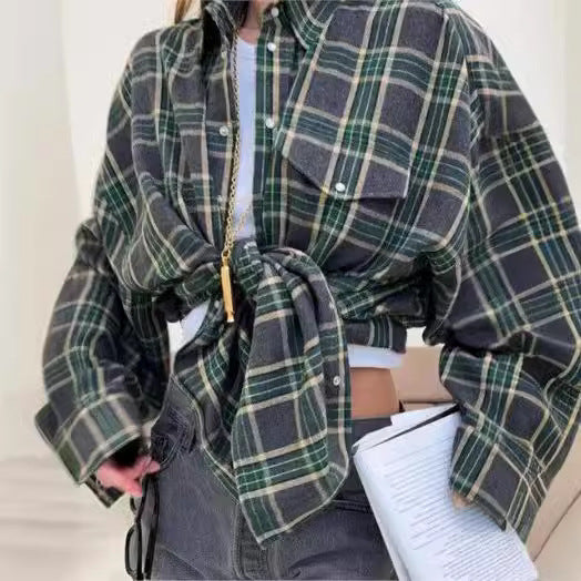 Women's Retro Style Lapel Loose Shirt Plaid Long Blouses