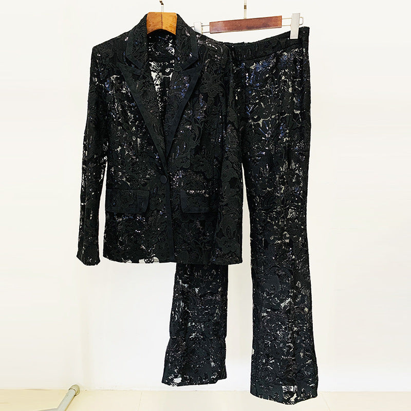 Fashion Mesh Embroidered Sequined Trousers Two-piece Suits