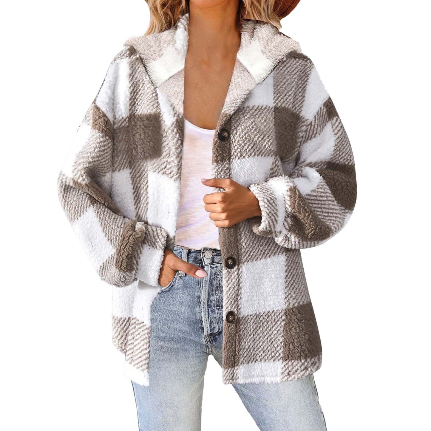 Women's Printed Plaid Hooded Button Plush Warm Coats