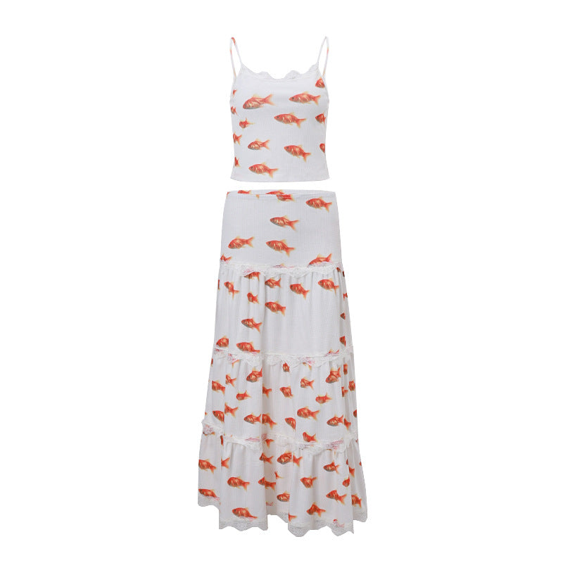 Sexy Camisole Fashion Goldfish Pattern Casual Skirts