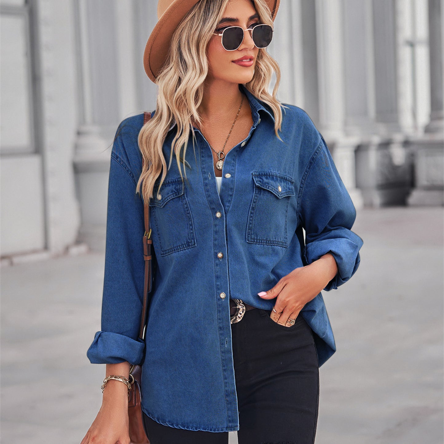 Women's Light Color Figure Flattering Thin Denim Long Sleeve Blouses