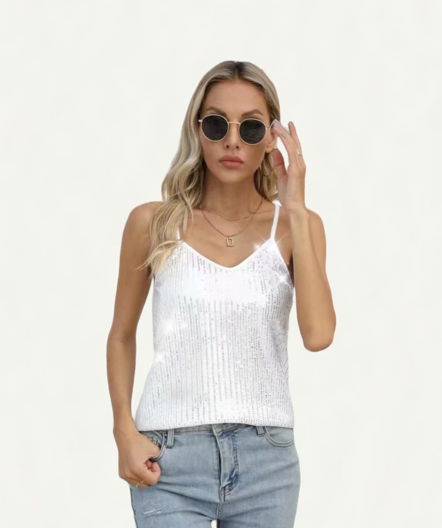 Sequins Sleeve Casual Sequin Deep V Tops