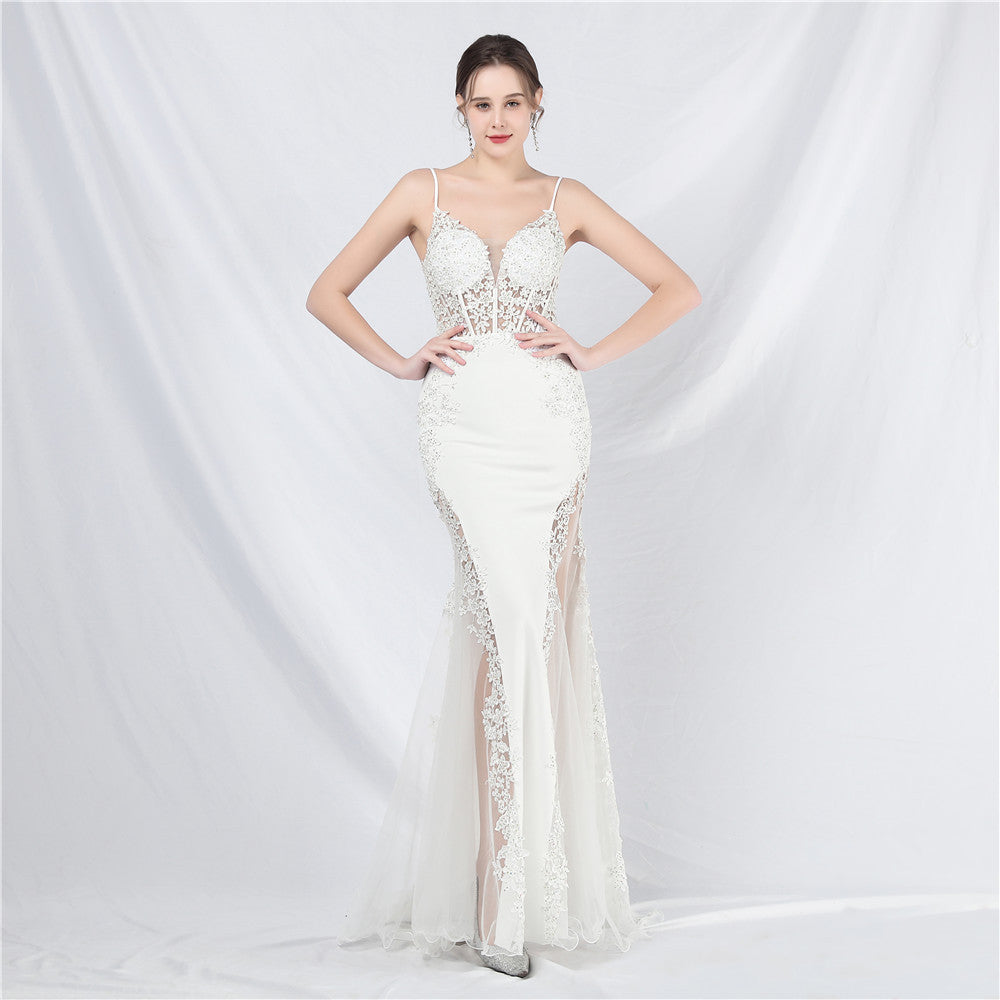 Lace Hot Rhinestone Fishbone Tight Waist Evening Dresses