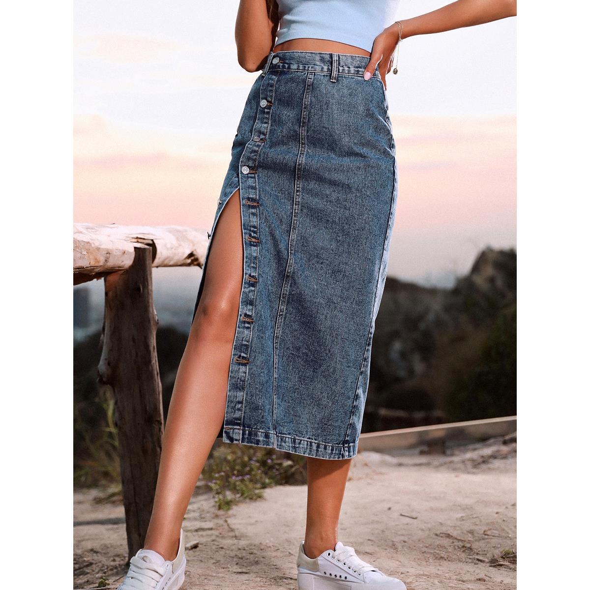 Women's Casual Button Irregular Slit Denim High Skirts