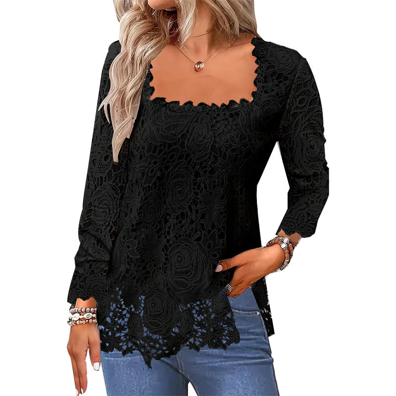 Square Collar Lace Bottoming Shirt Long Blouses