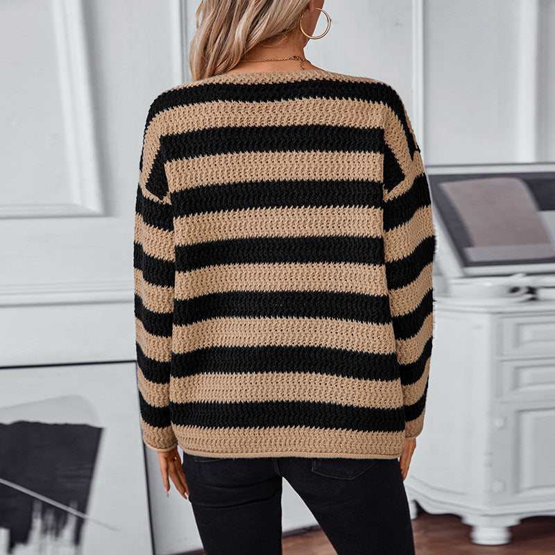 Women's Contrast Color Striped Casual Loose Wear Sweaters