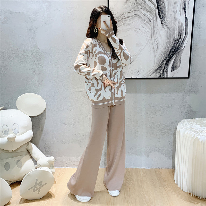 Women's Leopard Print Knitted Loose Wide Leg European Goods Suits