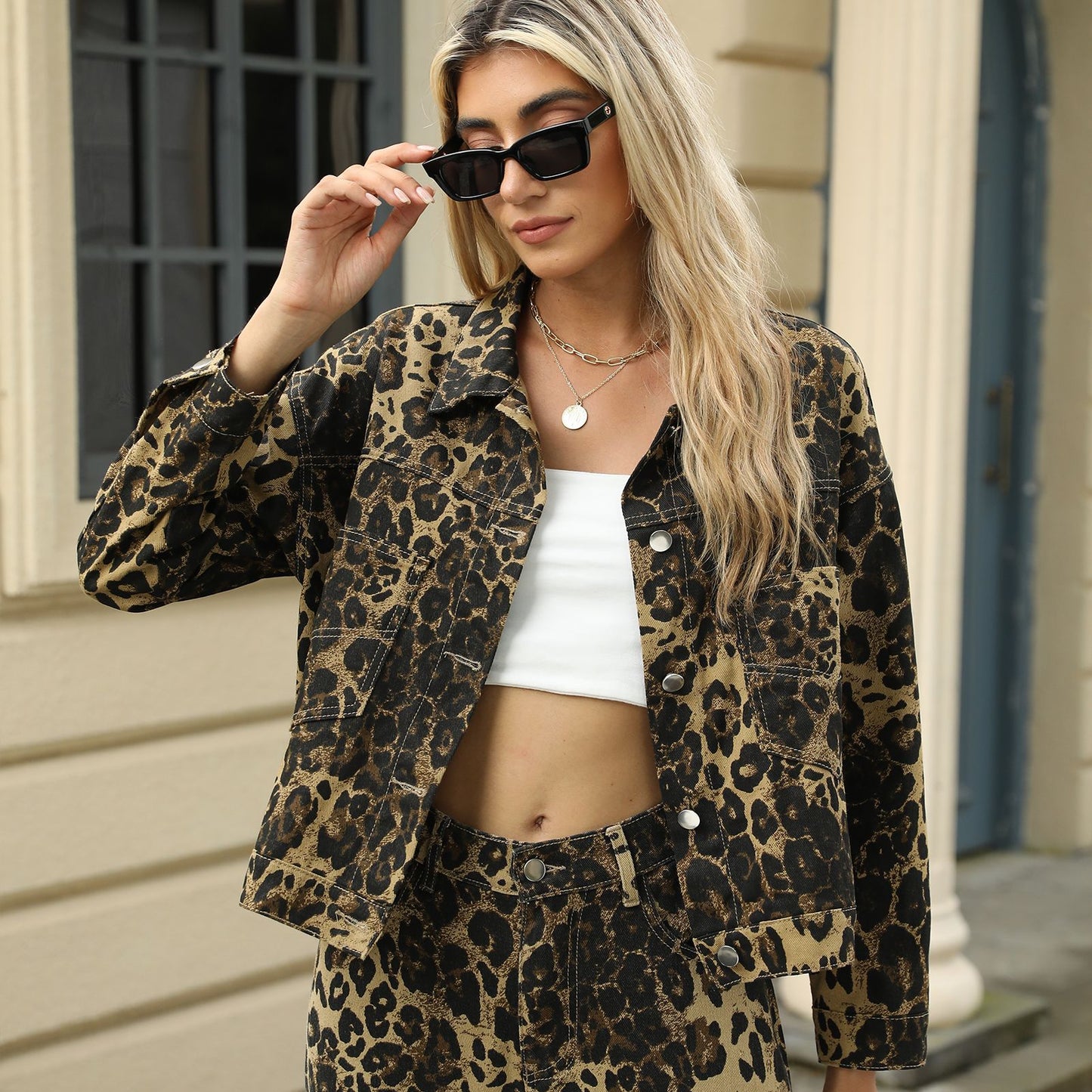 Women's Washed Fashion Leopard Print Denim Jackets